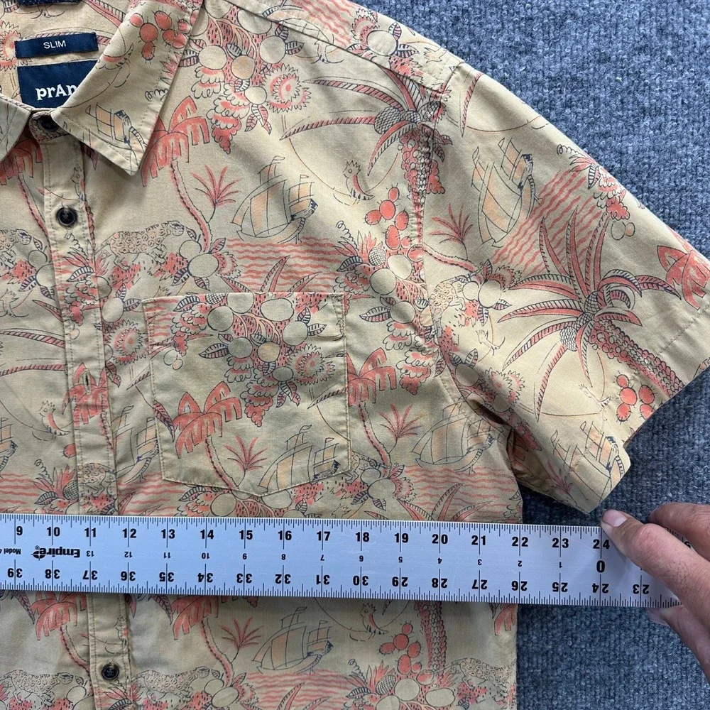 Prana Mens Slim Fit Short Sleeve Button Down Shirt Tan Palm Tree Print Large